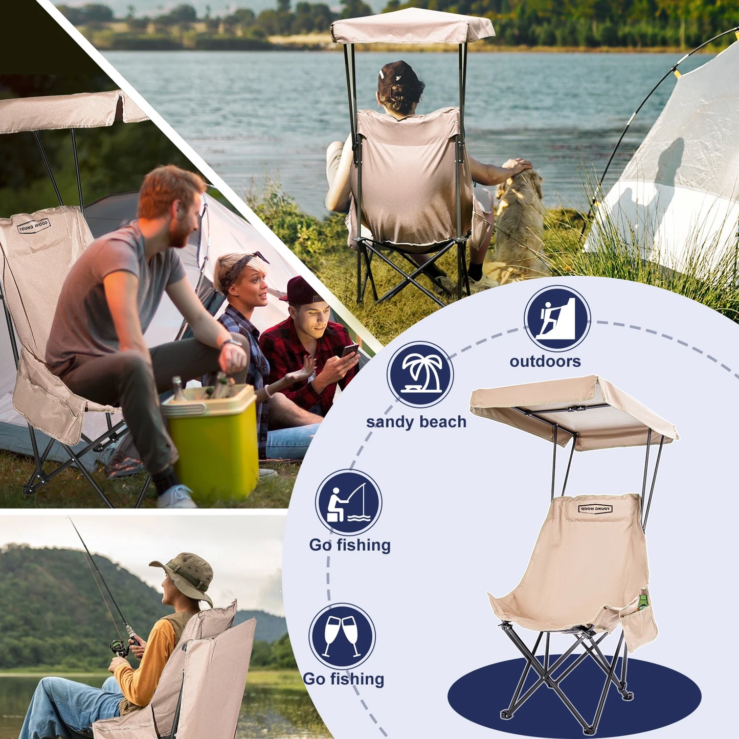 Fold Lightweight Oversized For All YOUNG WOOD Portable Camping Chair Beach Chair With Shade Canopy, Easy To Open And Close