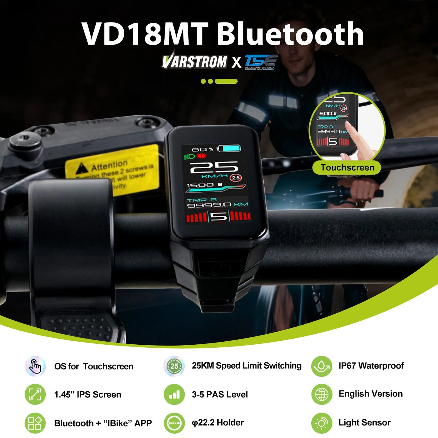 VD18MT Electric Bike Display Color Touch Screen CAN / UART Bluetooth eBike Computer 9 PAS For BAFANG Tongsheng Motor Protocol