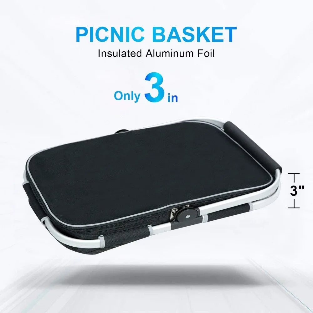 Large 35L Insulated Picnic Basket with Double Layer Pockets Leak Proof Foldable Stable for Outdoor Use