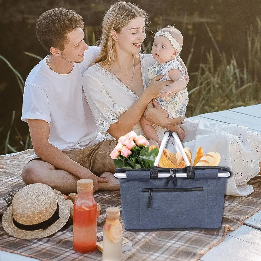 Collapsible Insulated Picnic Cooler Basket 27L Reusable Folding Grocery Carrier with Lid and Handles for Travel
