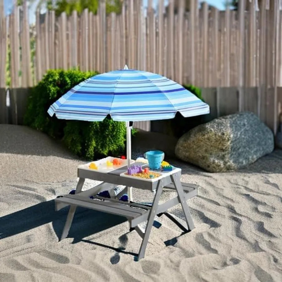 Beright 3-in-1 Kids Picnic Table, Play Sand And Water Sensory Table With Height Adjustable Umbrella & Removable Tabletop, Kids W