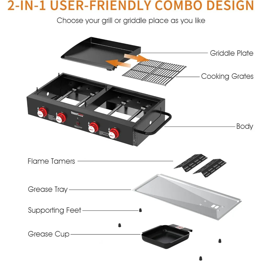 GD4002T 4-Burner Tailgater Grill and Griddle Combo, Portable Flat Top Propane Gas Grill with 40,000 BTUs Output for Backyard or
