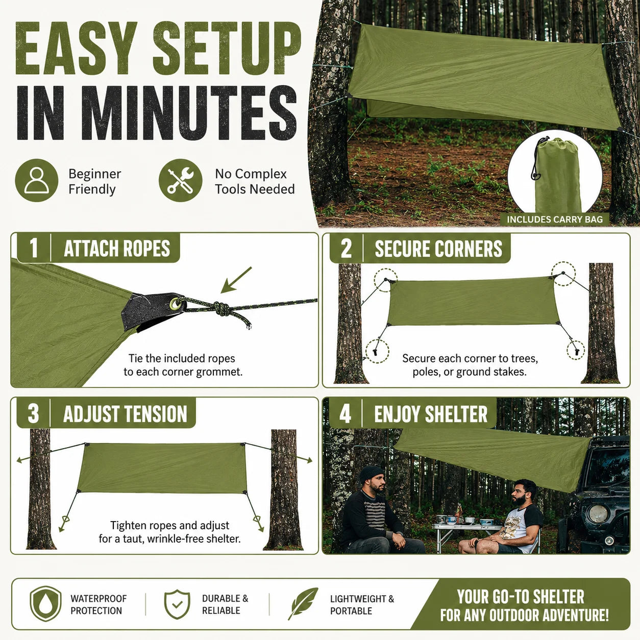 59x83" Outdoor Waterproof Tarp Camping Awning Backpacking Rain Shelter Tent Portable Sun Shade Canopy Ground Sheet for Hiking Picnic Beach Hammock Camp Gear Durable Lightweight Ripstop Cover with Grommets Ropes Storage Bag Ac