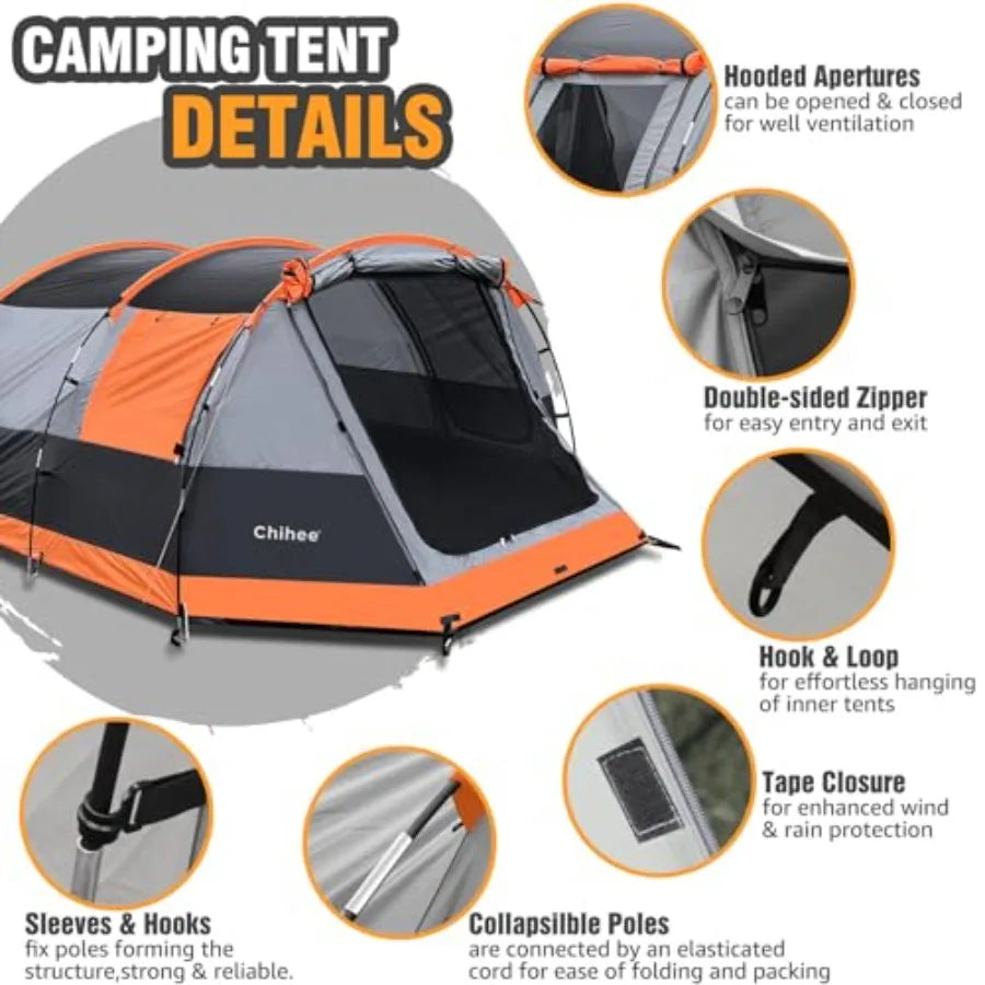 Tunnel Family Camping Tent With Dual Doors Weatherproof Outdoor Shelter