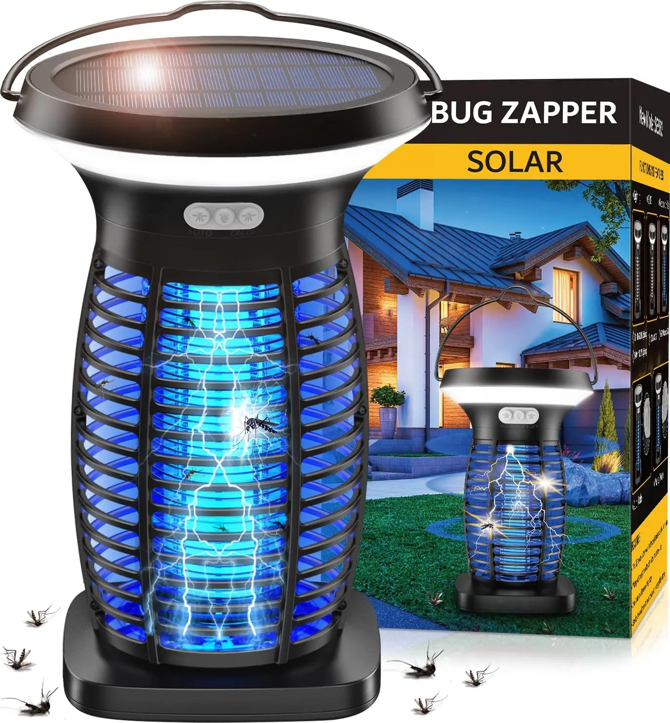 Solar Bug Zapper Outdoor Waterproof Mosquitoes Zapper Portable & Rechargeable Electric Fly Zapper with Panel Sensor & LED Night