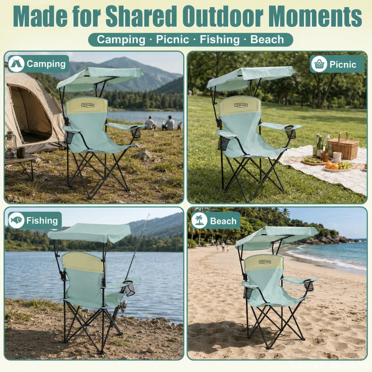 Portable Beach Chair with Cup Holder & Side Pocket, Duty Lawn Chair with Carry Bag for Camping, Beach, Fishing, Patio, Hiking,YOUNG WOOD Outdoor Folding Camping Chair with Adjustable Canopy