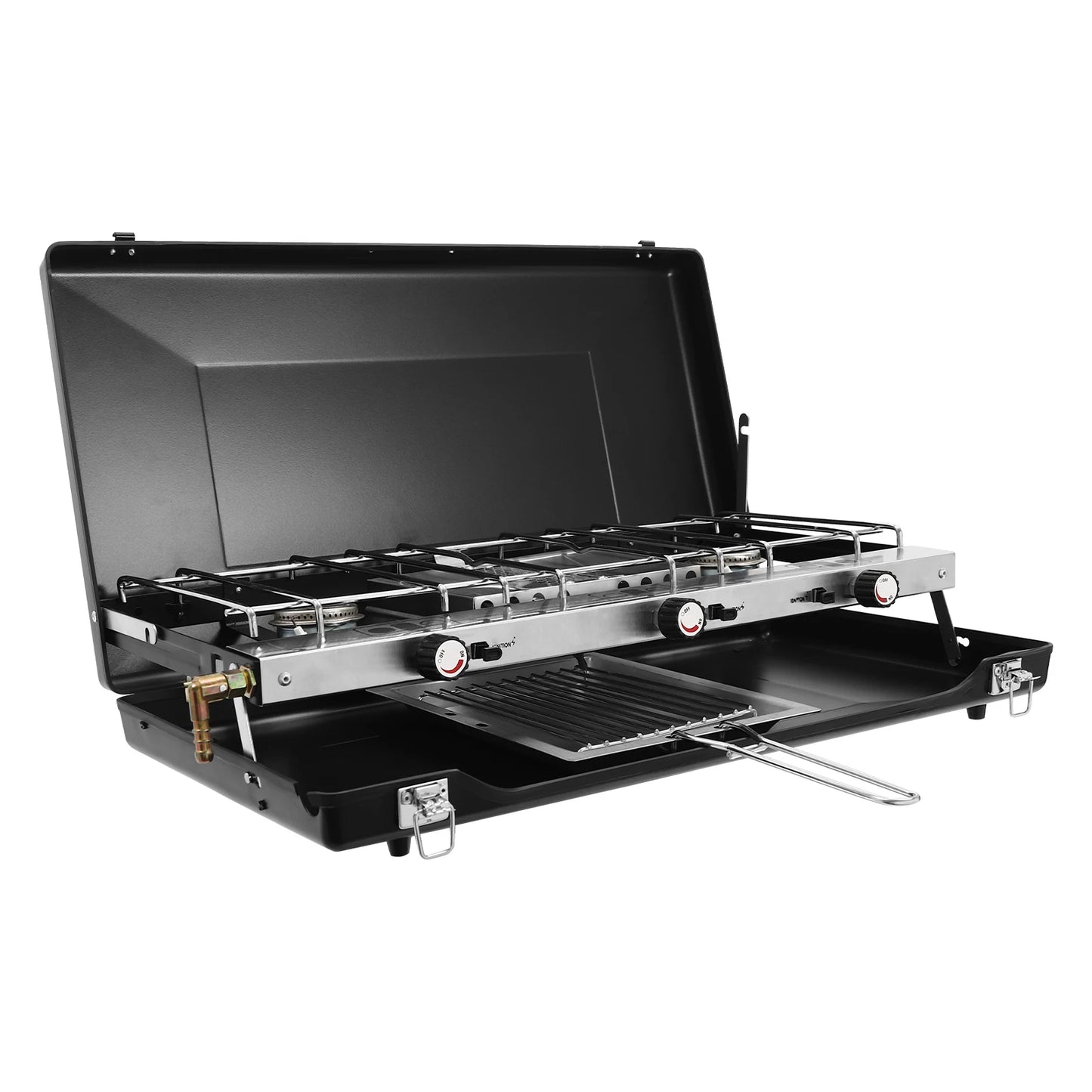 NONE 3-Burner Propane Camping Stove With Griddle And Adjustable Windshield