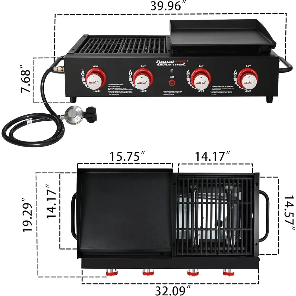 GD4002T 4-Burner Tailgater Grill and Griddle Combo, Portable Flat Top Propane Gas Grill with 40,000 BTUs Output for Backyard or