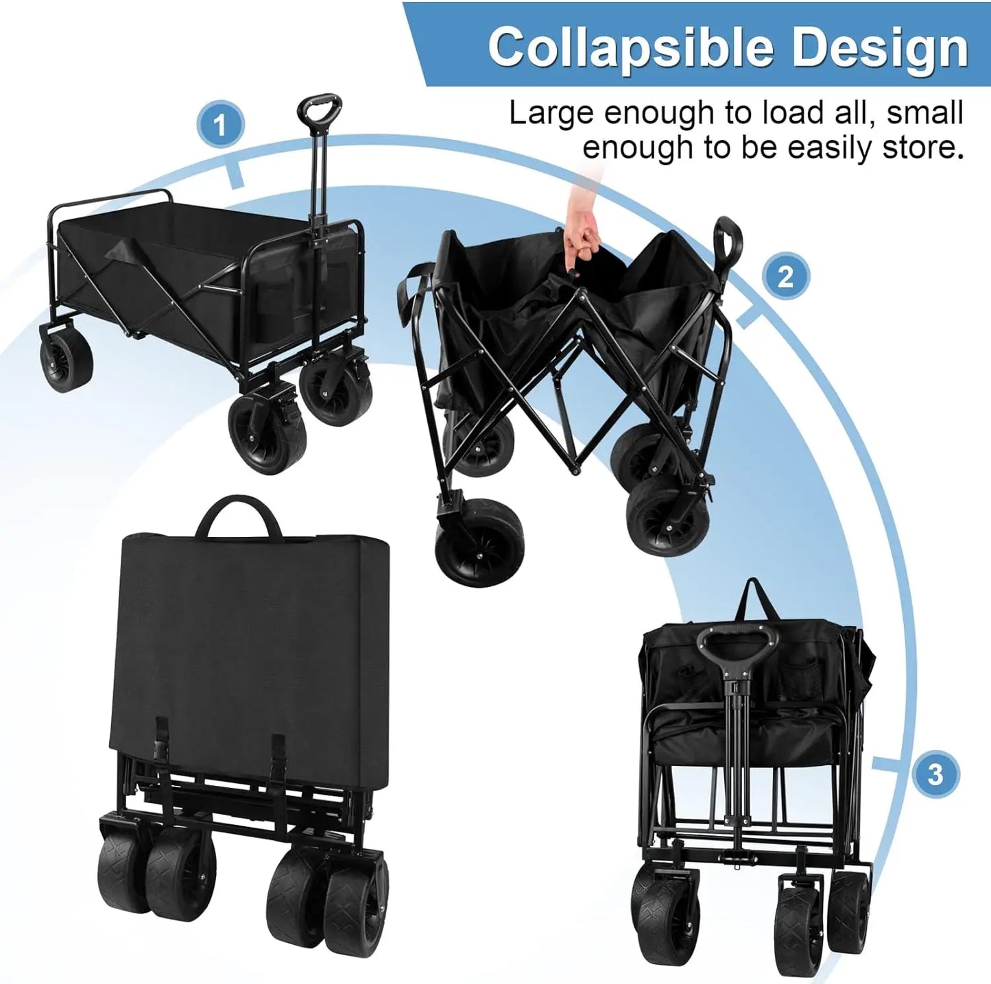 Black Collapsible Folding Wagon, Outdoor Utility with Wheels/Adjustable Handle for Camping, Garden, Sports, Picnic and Shopping