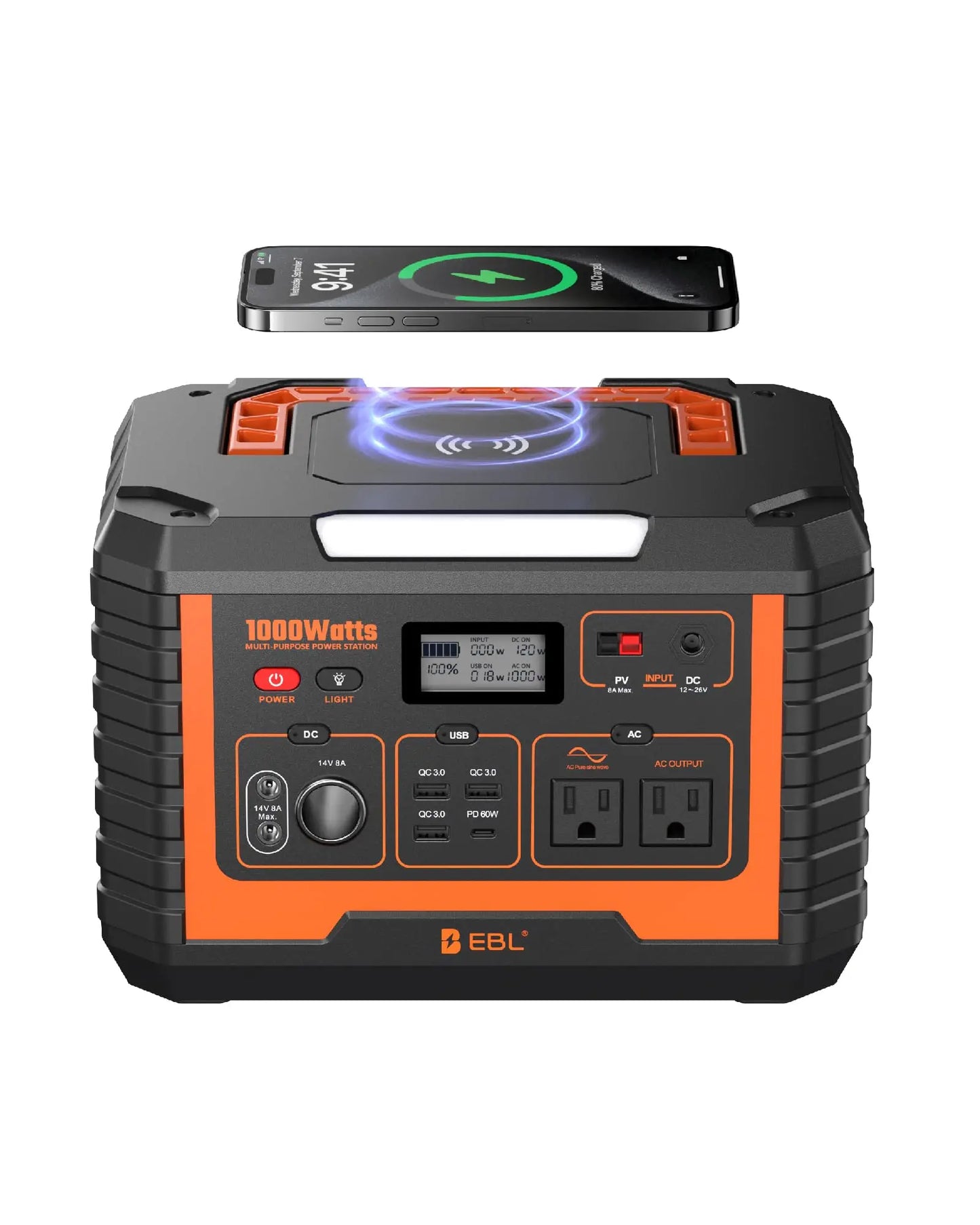 EBL Portable Solar Generator 1000W Power Station Wireless Charging 110V Pure Sine Wave AC Outlet with PD 60W Fast Charge Battery