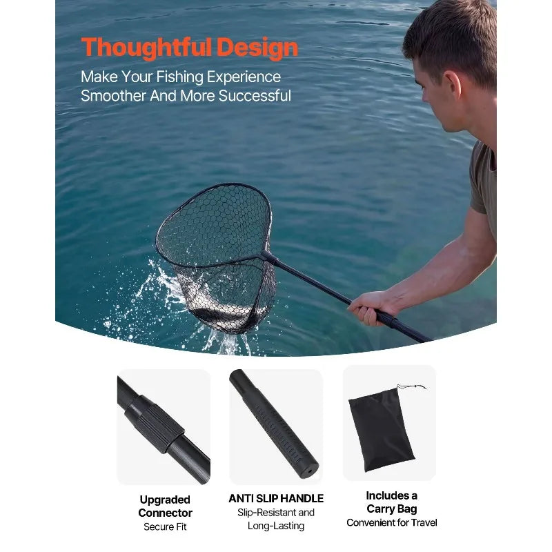 143cm/56.3in fishing net, foldable landing net with telescopic handle, lightweight and sturdy 6063 aluminum fishing gear, fishing net with anti slip telescopic rod handle, foldable fishing net, soft silicone fish friendly net