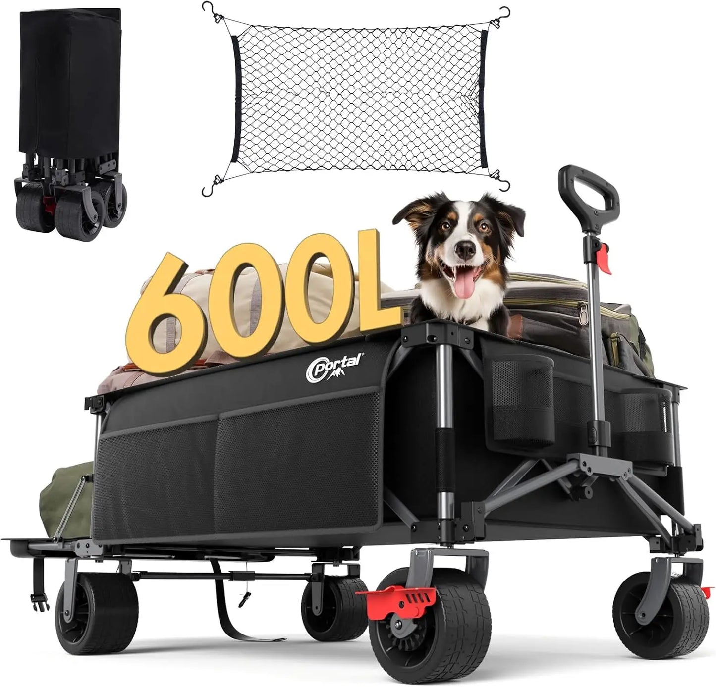 26" Extra Wide 55" Long Foldable Wagon with Tailgate, Large 600L Collapsible Wagon with Cargo Net, 400 LBs Heavy Duty Utility Ca