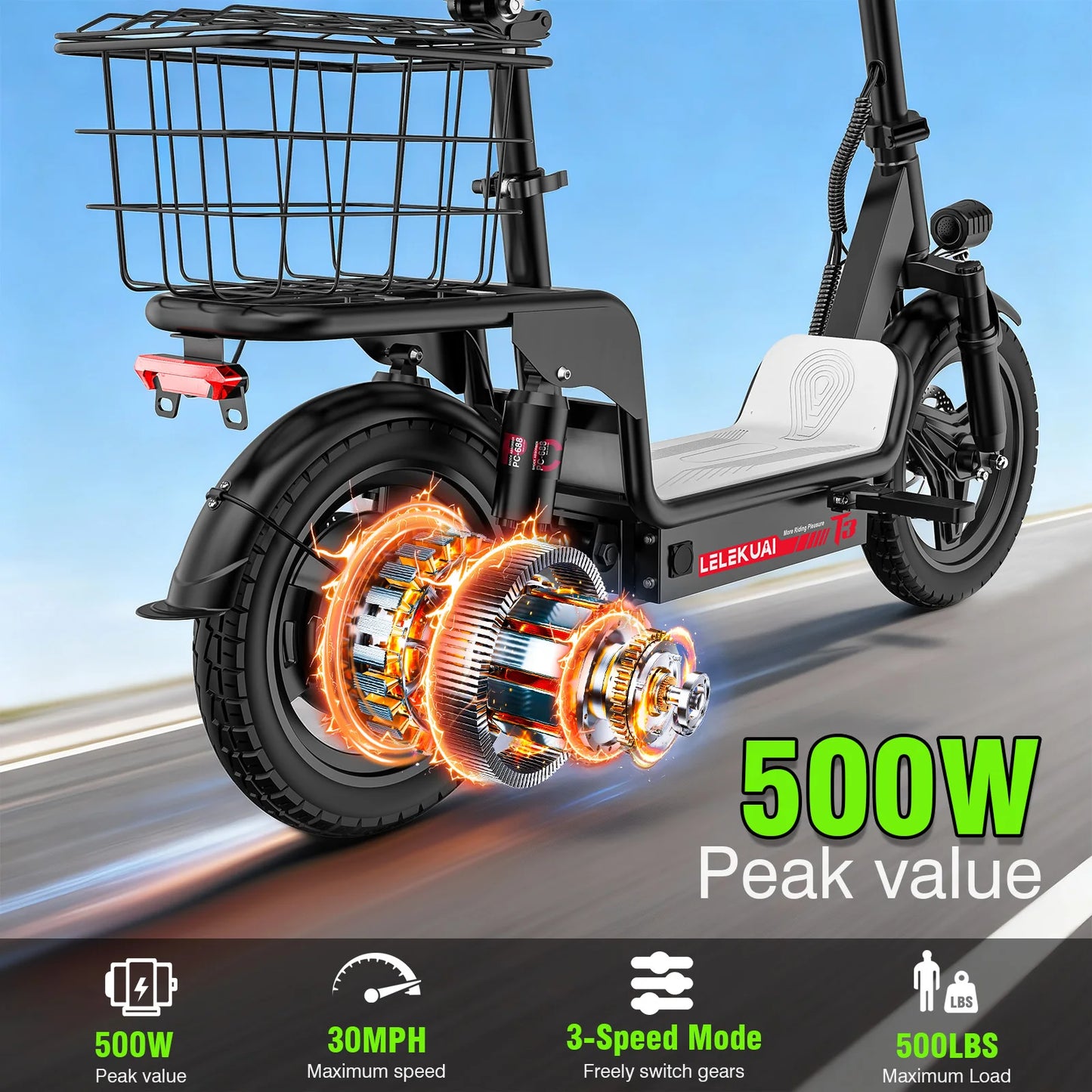 Adult Electric Bike, 500W48V15AH, 30MPH 14 inch Electric Bike, 500lbs Load-bearing with Multiple Shock Absorbers, with Basket