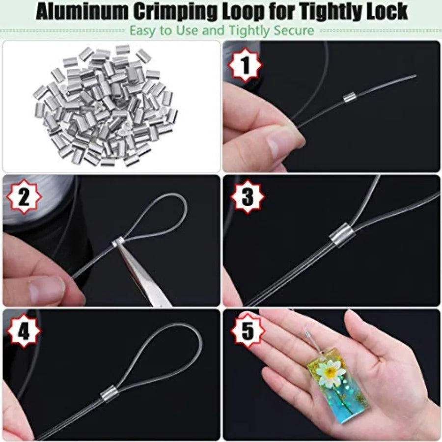 Hanging Wire Clear, Thick Fishing Line Nylon String Picture Frame Wire with 100Pcs Crimps Sleeves 70lb Invisible Line for Ballo