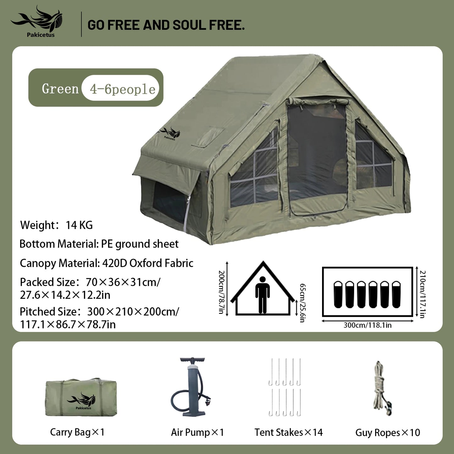 Pakicetus Quick Setup Inflatable Camping Tent, Waterproof Family Tent for 4-8 Persons, Portable Air Tent with Carry Bag