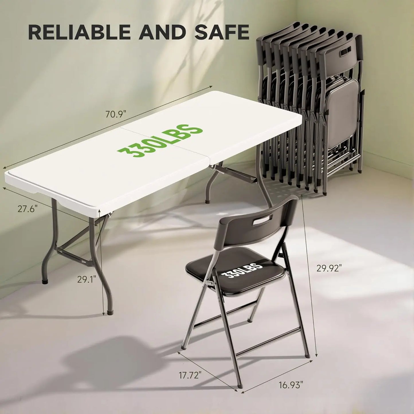 6FT Folding Table Set with 8 Folding Chairs, Heavy Duty 330 lbs Table & 330 lbs Chairs, Portable Folding Furniture Bundle
