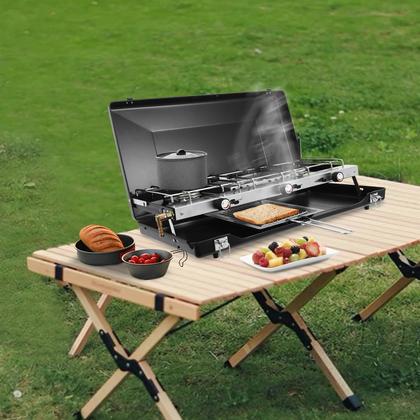 NONE 3-Burner Propane Camping Stove With Griddle And Adjustable Windshield