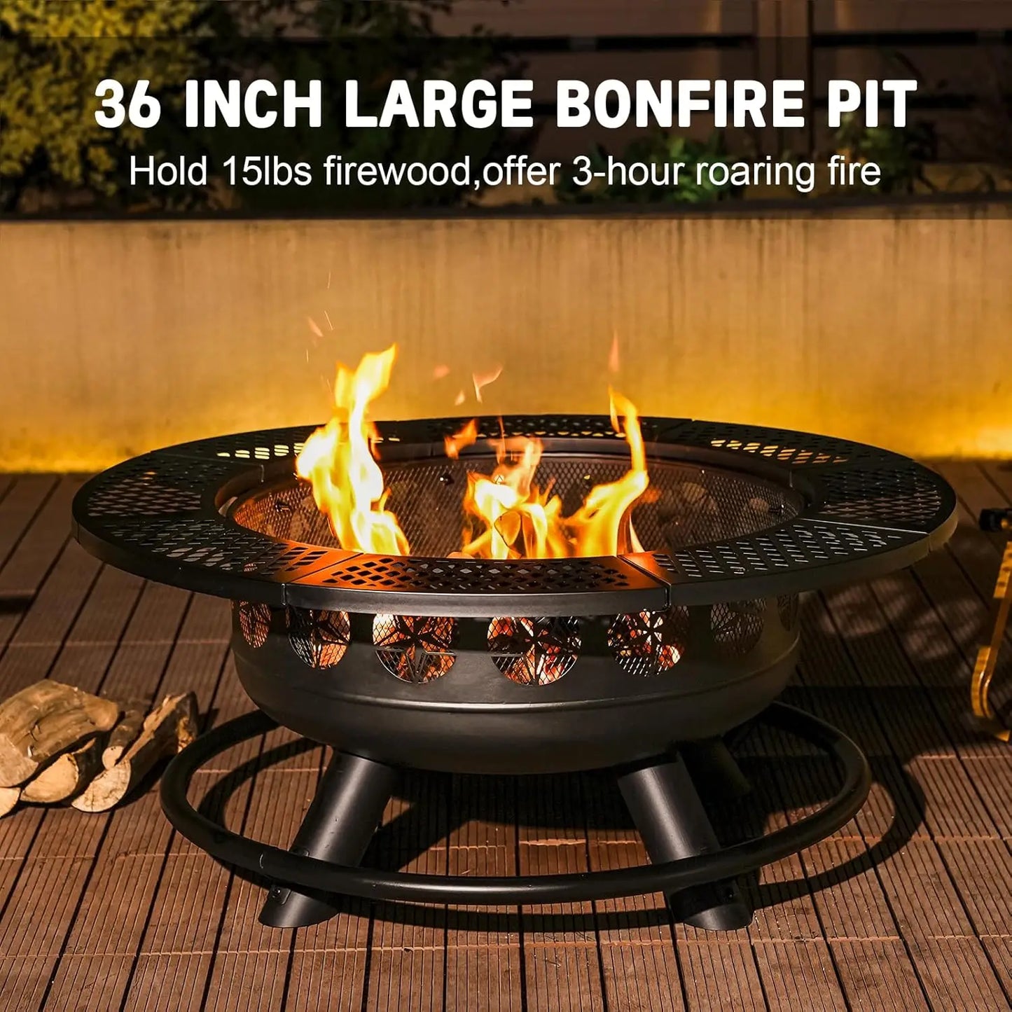 36 Inch Fire Pit with 2 Cooking Grills,Outdoor Wood Burning BBQ Firepit with Lid, 3-in-1