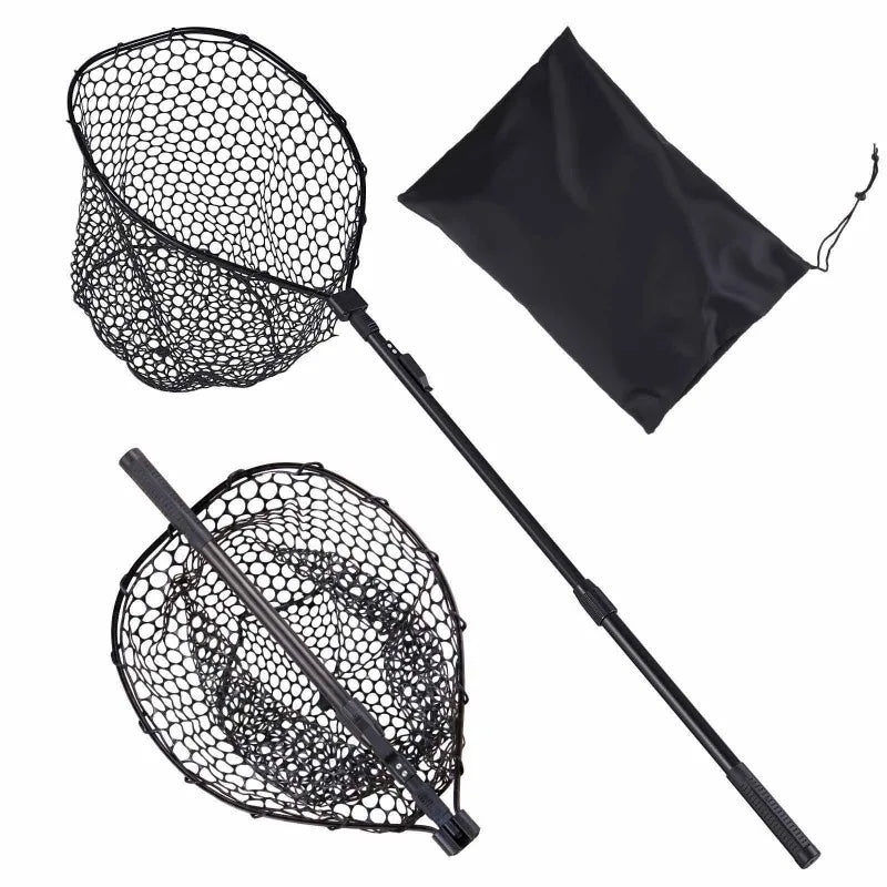 143cm/56.3in fishing net, foldable landing net with telescopic handle, lightweight and sturdy 6063 aluminum fishing gear, fishing net with anti slip telescopic rod handle, foldable fishing net, soft silicone fish friendly net