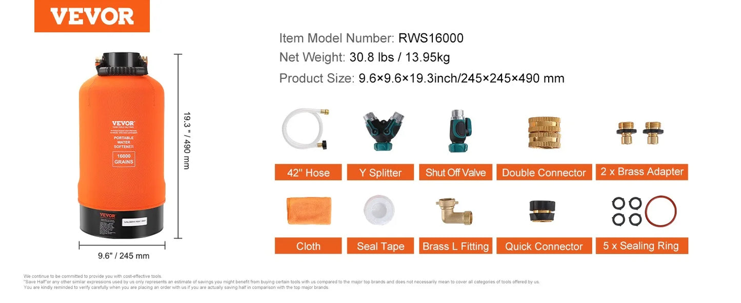 SucceBuy RV Water Softener 16,000Grain Portable Water Softenerwith 3/4"Brass Fittings and 42Hose Soften Hard Water Filter System