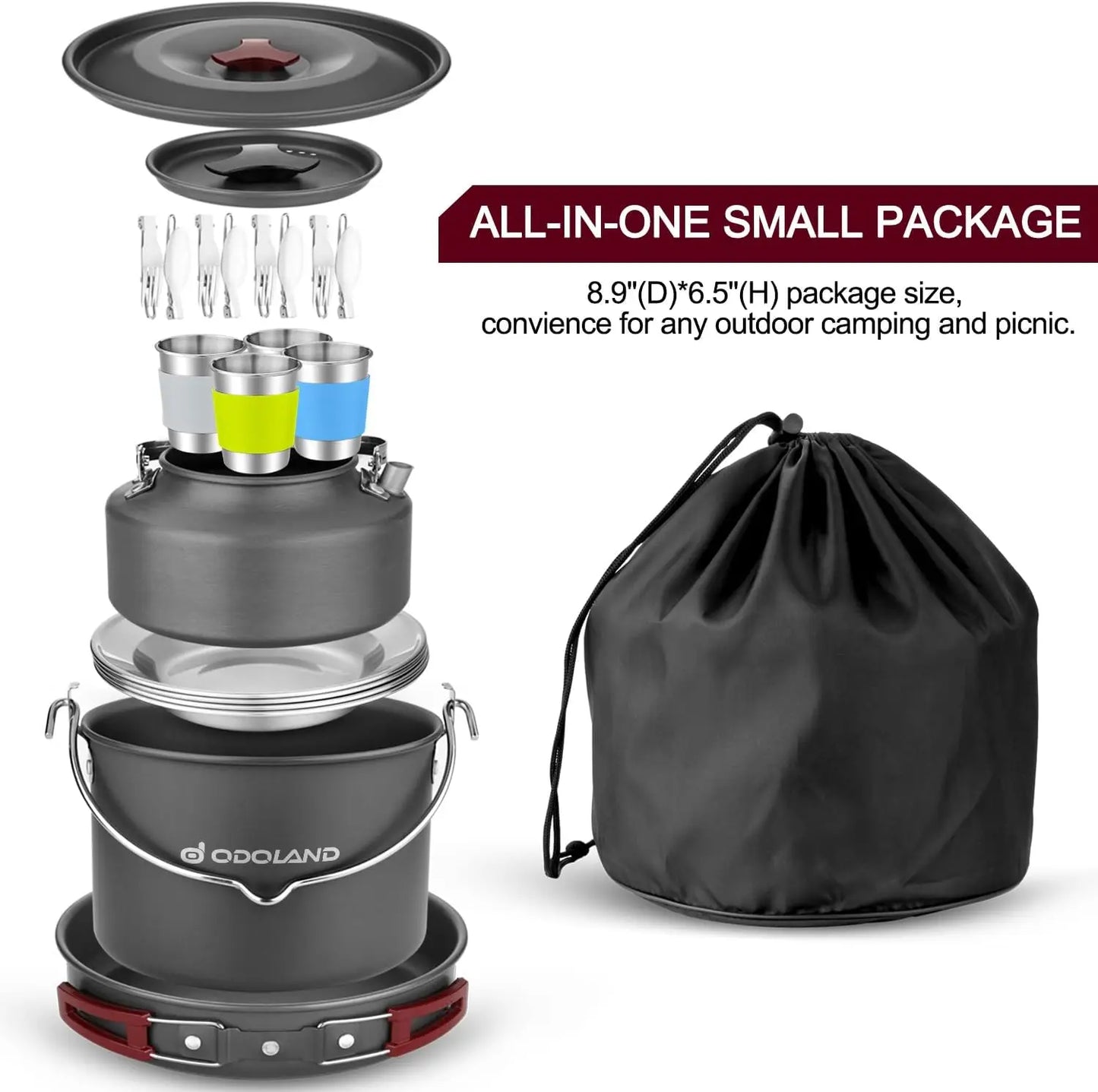 22pcs Camping Cookware MKit, Large Size Hanging Pot Pan Kettle with Base Cook Set for 4, Cups Dishes