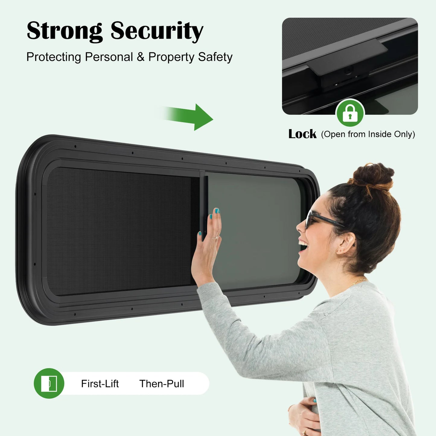 RV Horizontal Sliding Window 42'W X 12'H Black Aluminum Alloy Frame with Privacy Tinted Tempered Glass, Built-in Screen & Decorative Trim Ring, Waterproof Seal & Security Lock for RV Camper Trailer Cargo Van
