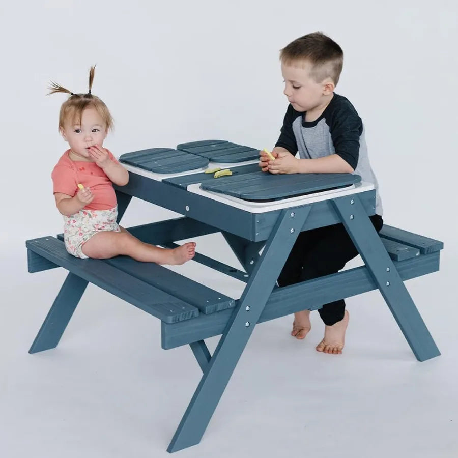 Beright 3-in-1 Kids Picnic Table, Play Sand And Water Sensory Table With Height Adjustable Umbrella & Removable Tabletop, Kids W