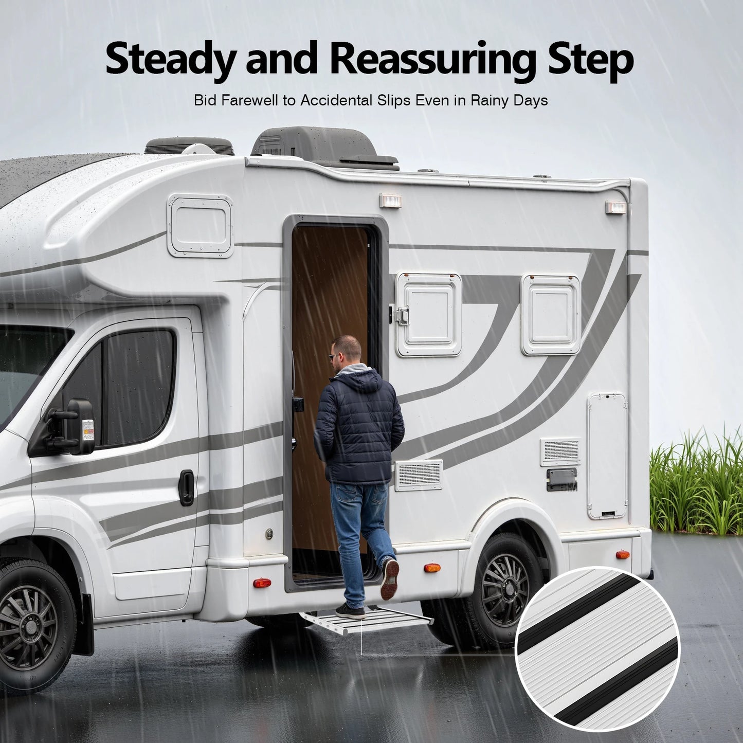 12V Folding RV Step Folding Camper Step, Welcome Ladder, 44cm Step Board Motorhomes with LED Light Strip Bar
