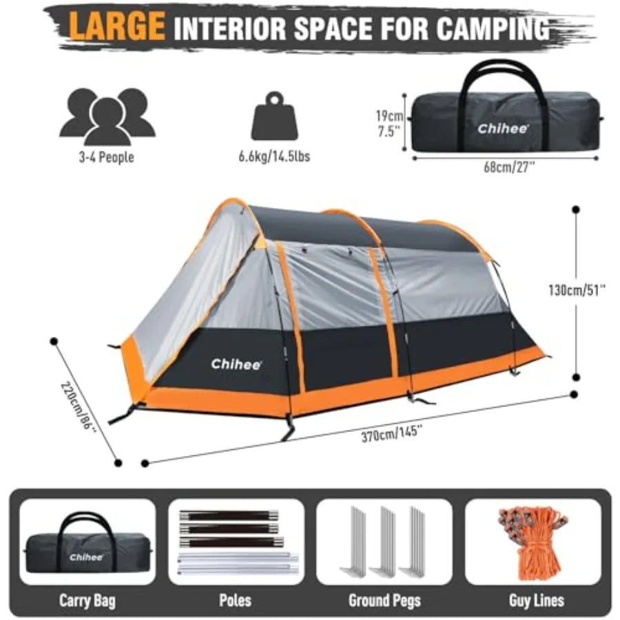 Tunnel Family Camping Tent With Dual Doors Weatherproof Outdoor Shelter
