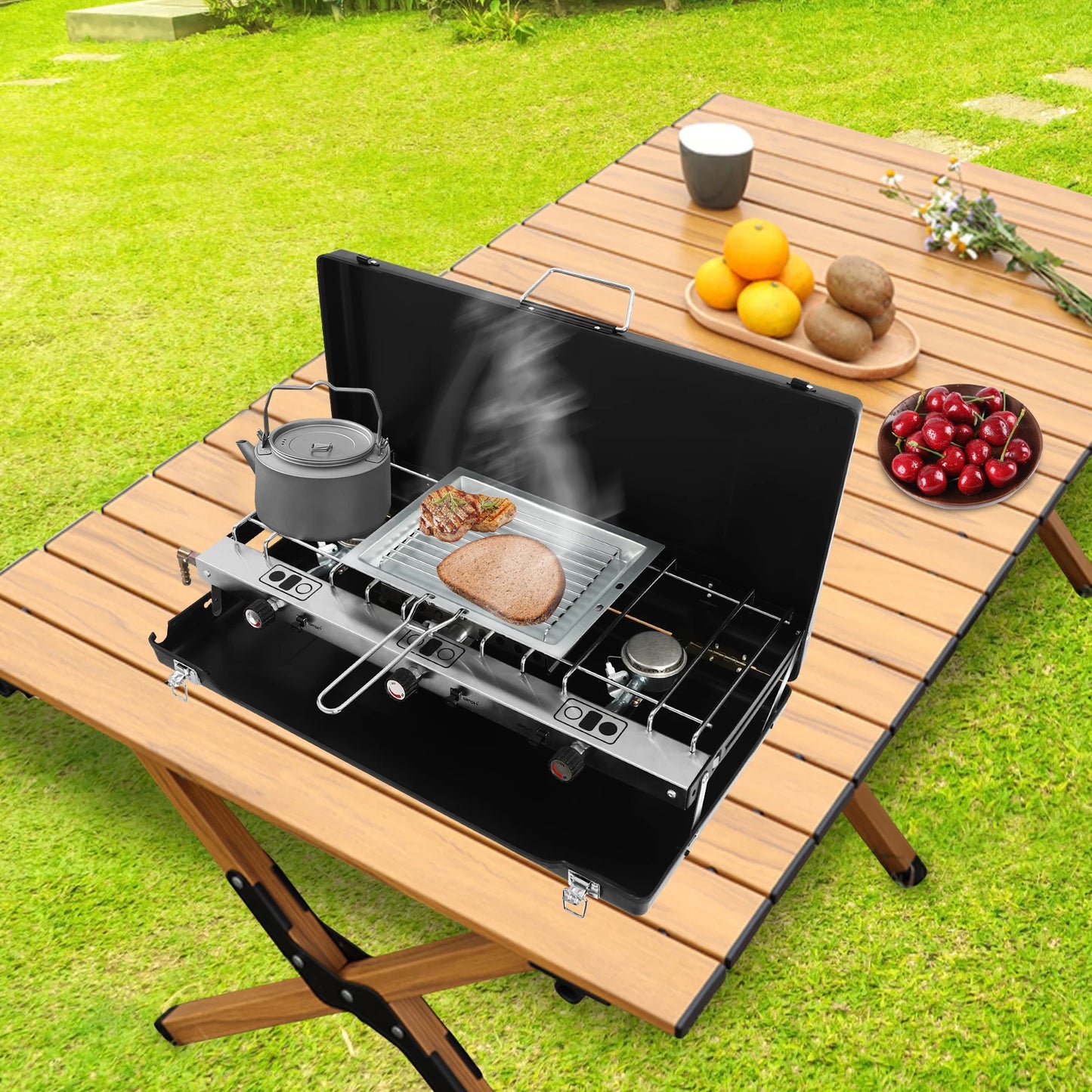 NONE 3-Burner Propane Camping Stove With Griddle And Adjustable Windshield