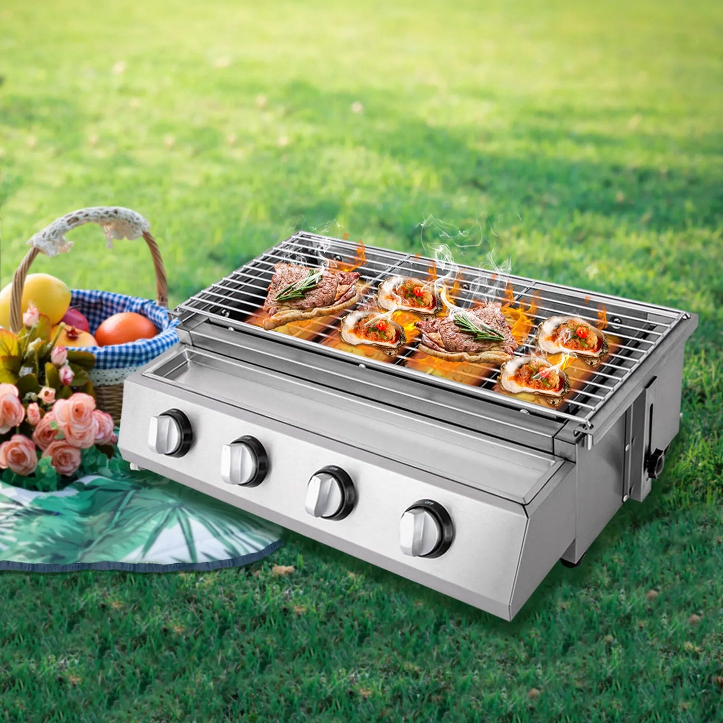 Gas BBQ Grill Stainless Steel Outdoor Camp Picnic Barbecue Shish Kabob 4 Burner