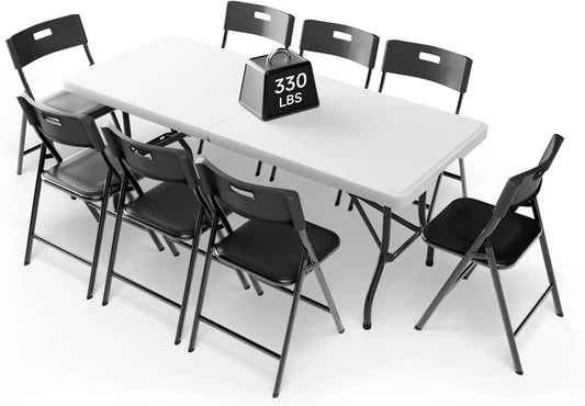 6FT Folding Table Set with 8 Folding Chairs, Heavy Duty 330 lbs Table & 330 lbs Chairs, Portable Folding Furniture Bundle