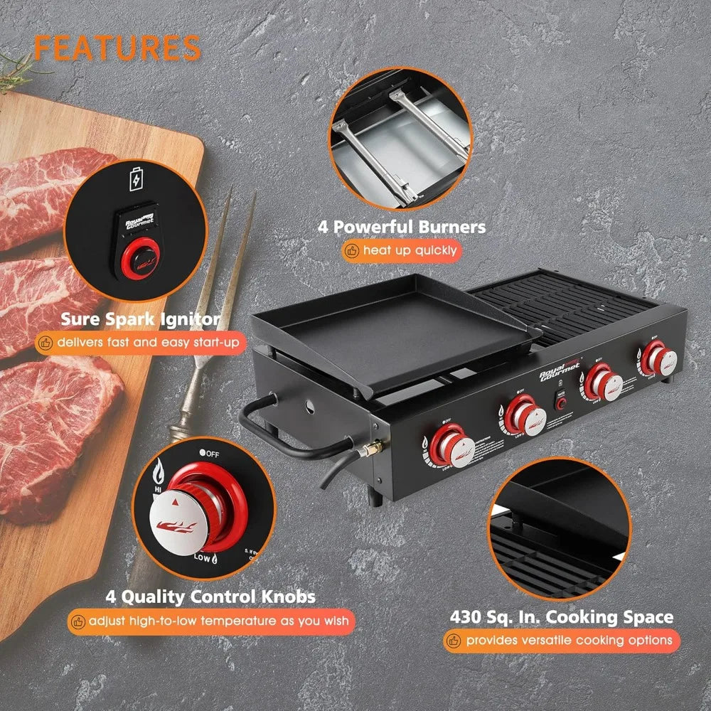 GD4002T 4-Burner Tailgater Grill and Griddle Combo, Portable Flat Top Propane Gas Grill with 40,000 BTUs Output for Backyard or