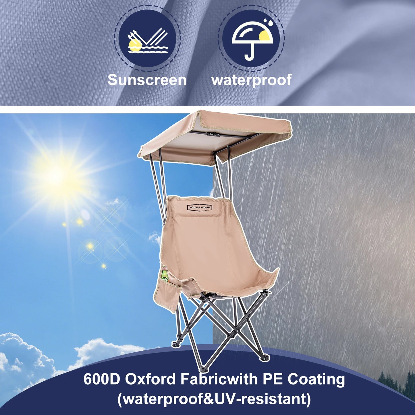Fold Lightweight Oversized For All YOUNG WOOD Portable Camping Chair Beach Chair With Shade Canopy, Easy To Open And Close