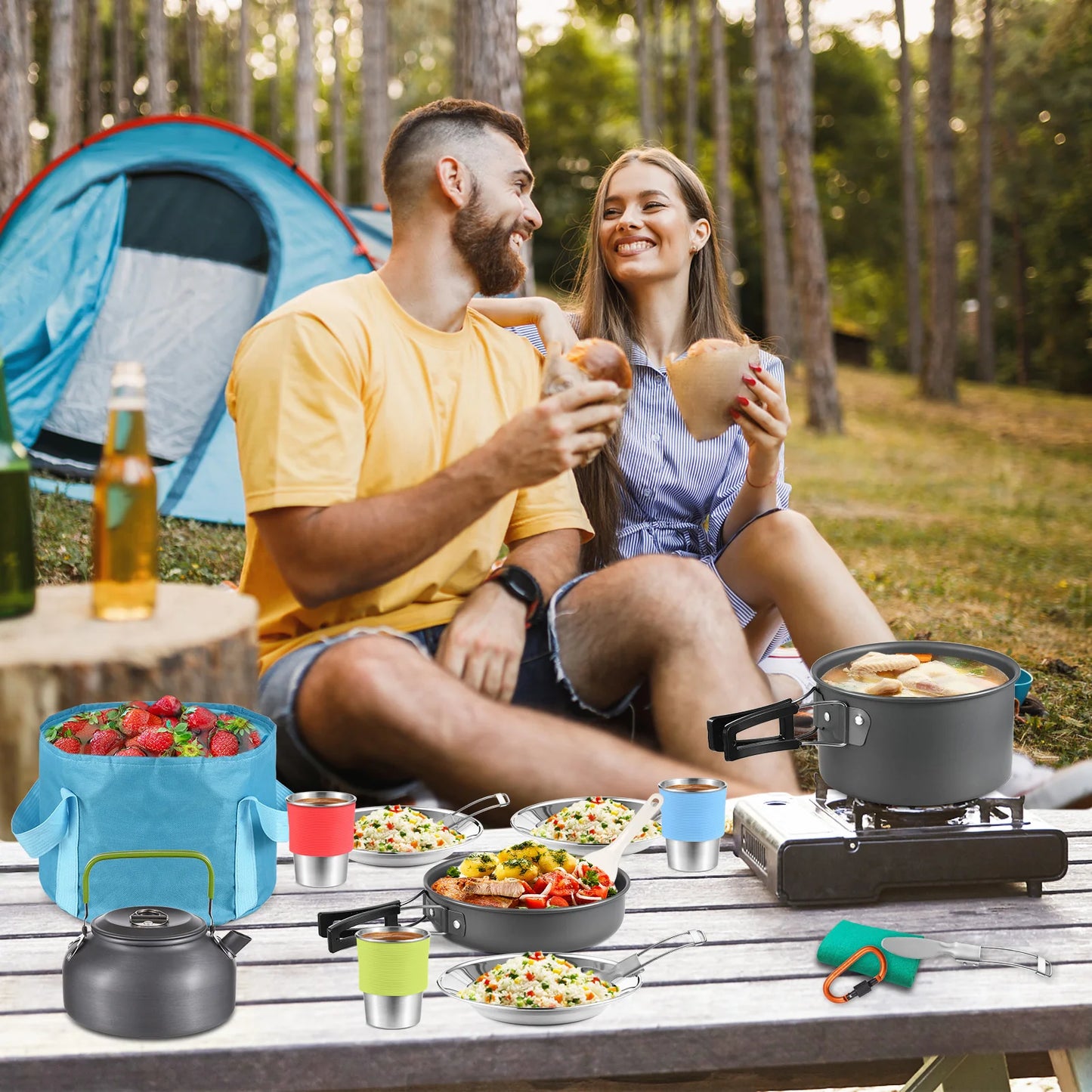 Camping Utensils Cooking Set 3 Person 22PCS Camping Pot and Pan Cooking Set Outdoor Camping Hiking Backpacking with Carry Bag