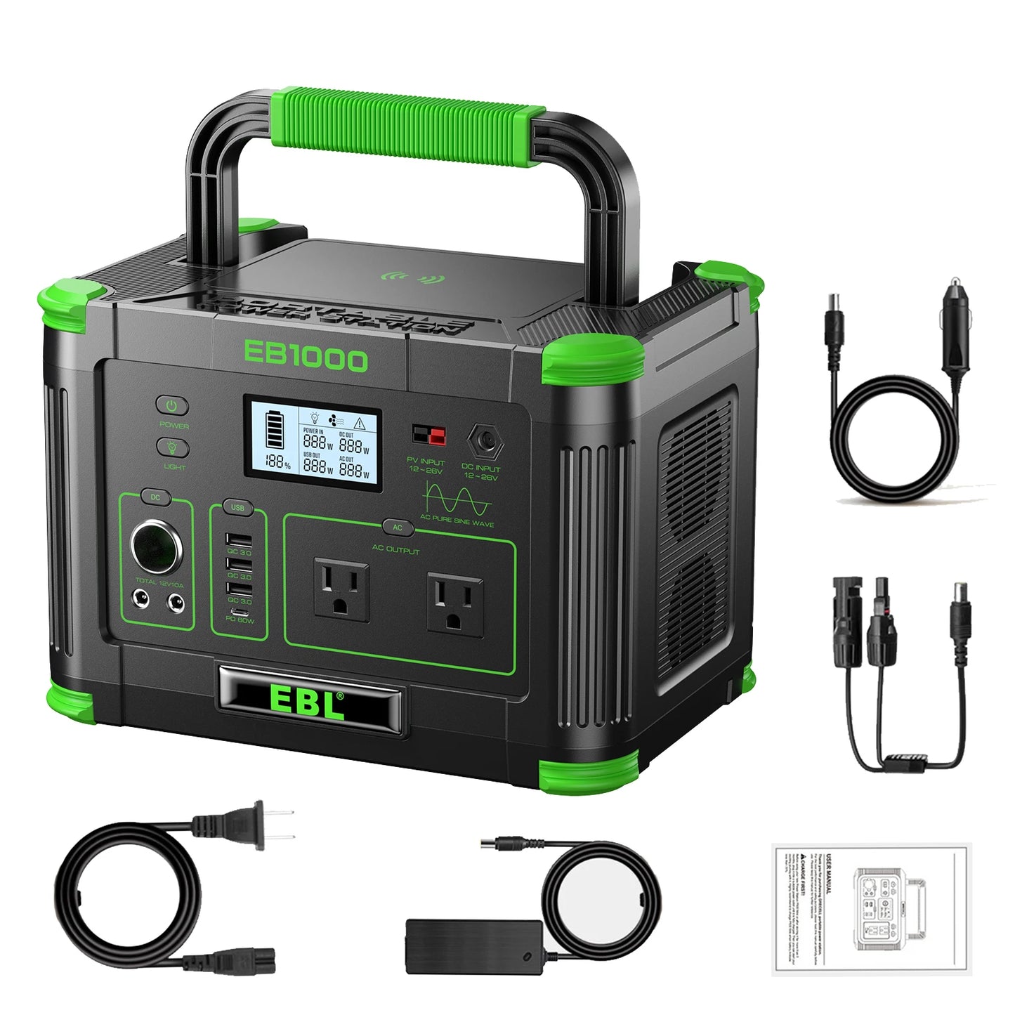 EBL Portable Solar Generator 1000W Power Station Wireless Charging 110V Pure Sine Wave AC Outlet with PD 60W Fast Charge Battery