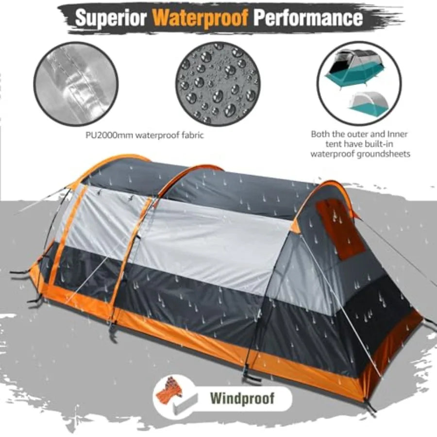 Tunnel Family Camping Tent With Dual Doors Weatherproof Outdoor Shelter