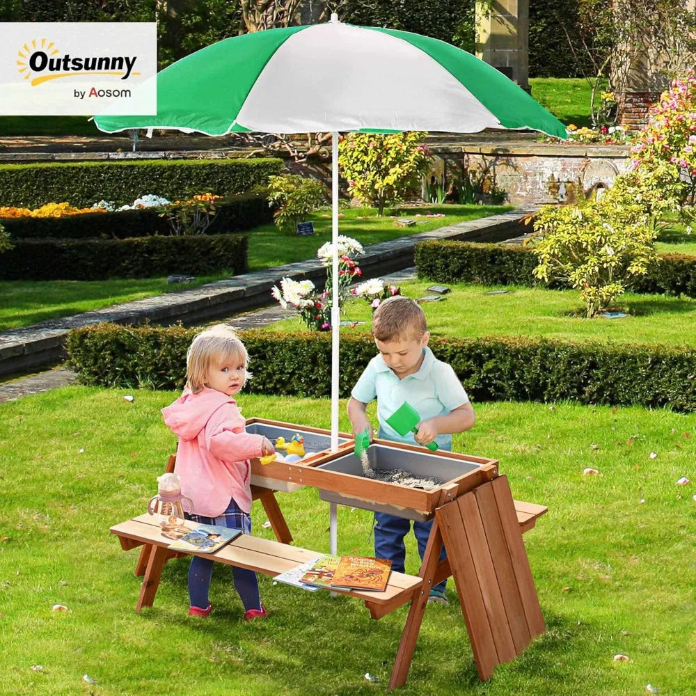 3-in-1 Kids Sand Water Table with Umbrella, Convertible Wooden Picnic Bench for Outdoor Garden Play