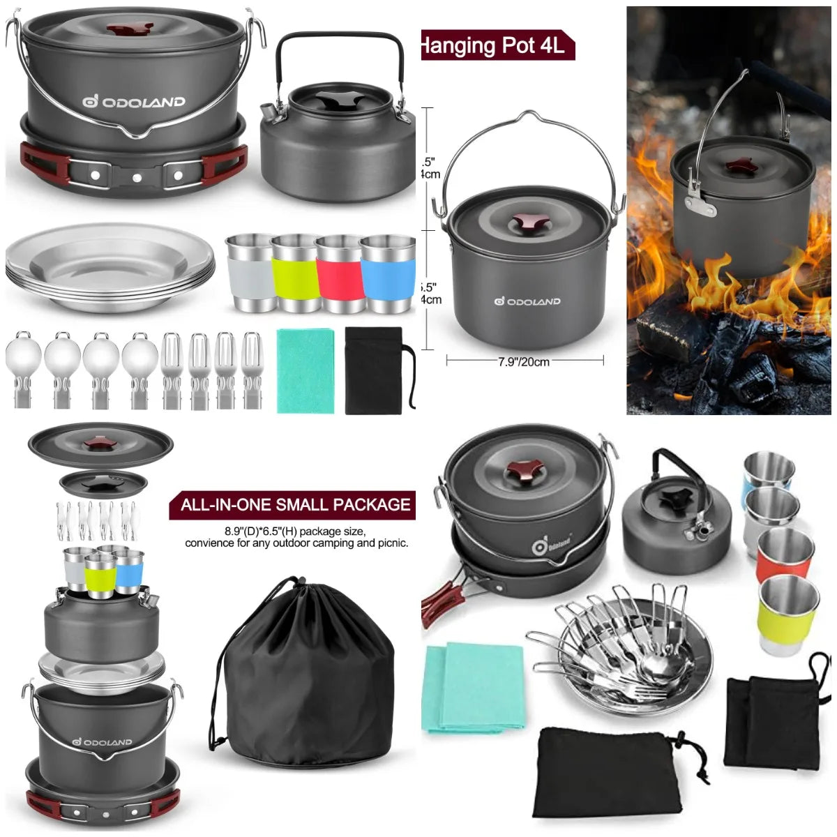22pcs Camping Cookware MKit, Large Size Hanging Pot Pan Kettle with Base Cook Set for 4, Cups Dishes