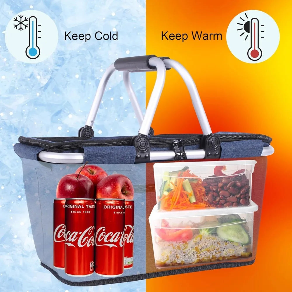 Collapsible Insulated Picnic Cooler Basket 27L Reusable Folding Grocery Carrier with Lid and Handles for Travel