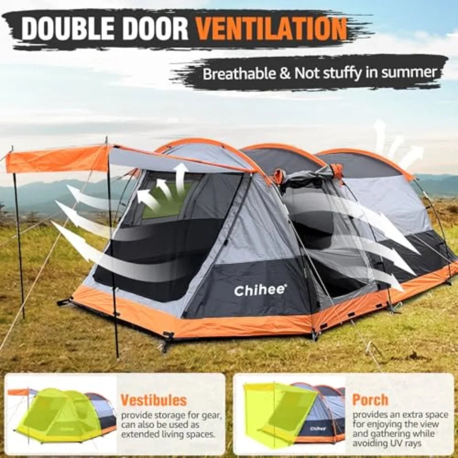 Tunnel Family Camping Tent With Dual Doors Weatherproof Outdoor Shelter