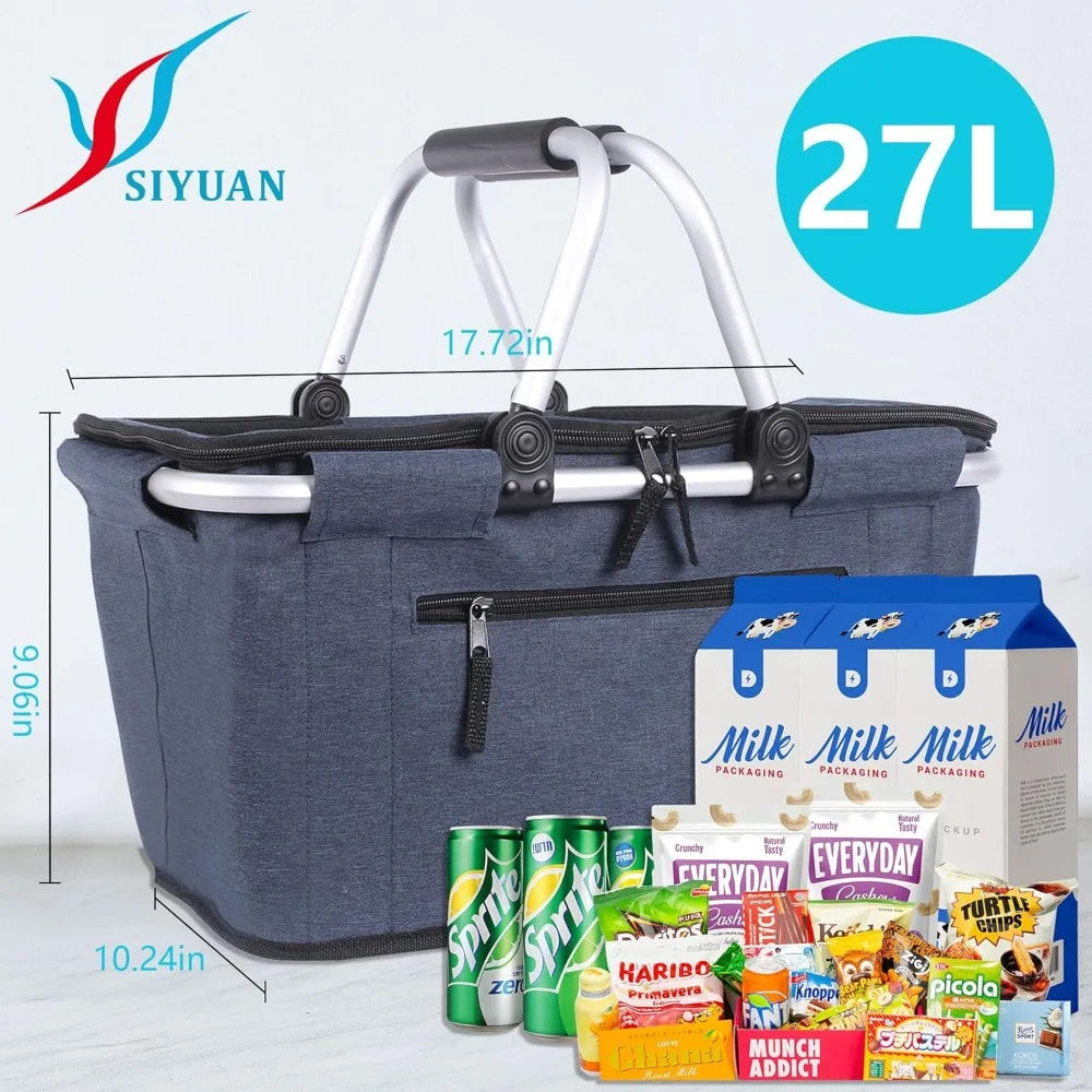 Collapsible Insulated Picnic Cooler Basket 27L Reusable Folding Grocery Carrier with Lid and Handles for Travel