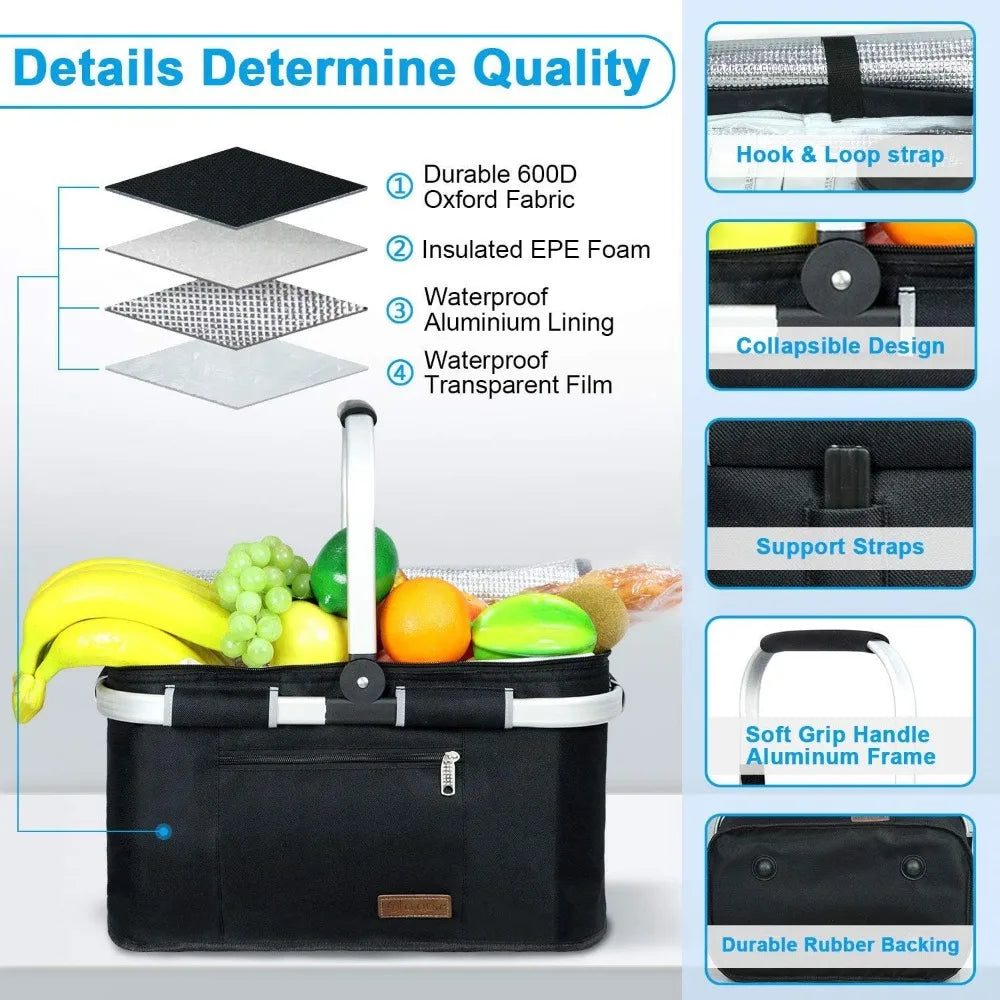 Large 35L Insulated Picnic Basket with Double Layer Pockets Leak Proof Foldable Stable for Outdoor Use