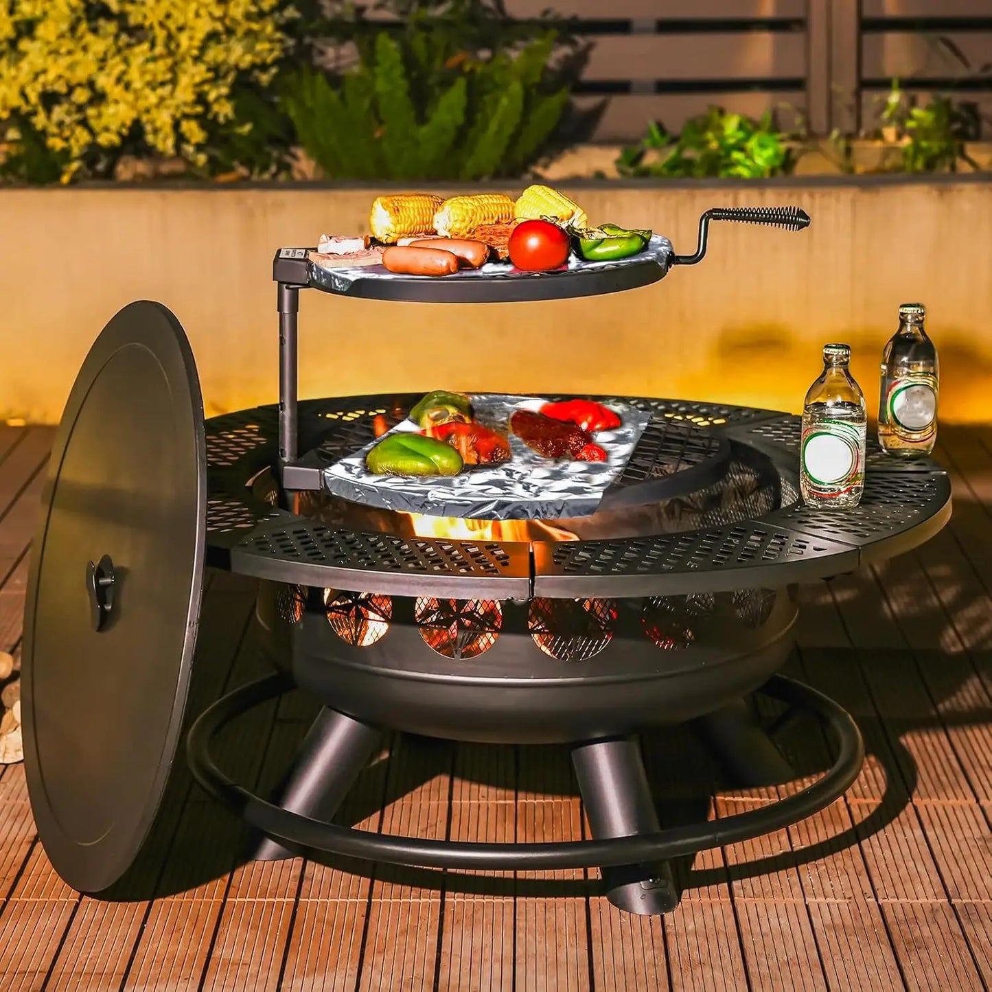36 Inch Fire Pit with 2 Cooking Grills,Outdoor Wood Burning BBQ Firepit with Lid, 3-in-1
