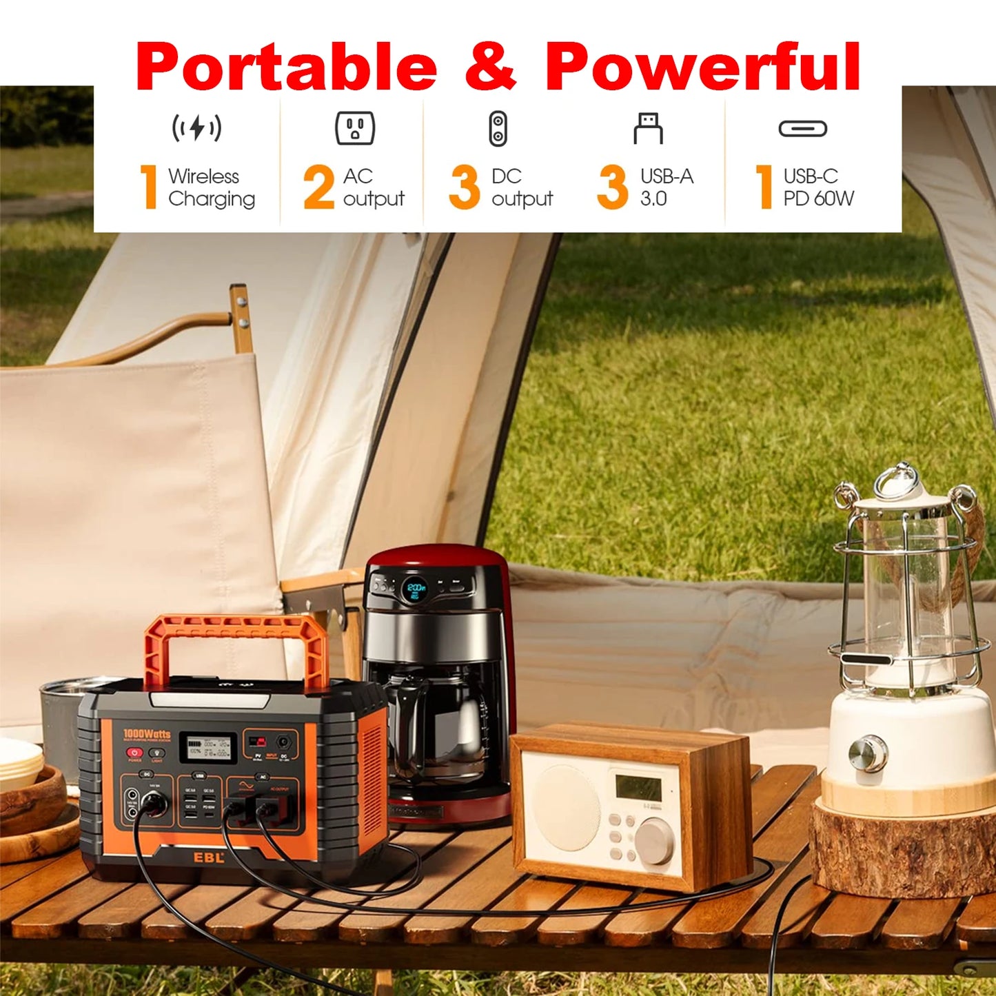 EBL Portable Solar Generator 1000W Power Station Wireless Charging 110V Pure Sine Wave AC Outlet with PD 60W Fast Charge Battery