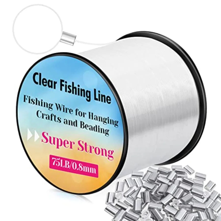 Hanging Wire Clear, Thick Fishing Line Nylon String Picture Frame Wire with 100Pcs Crimps Sleeves 70lb Invisible Line for Ballo