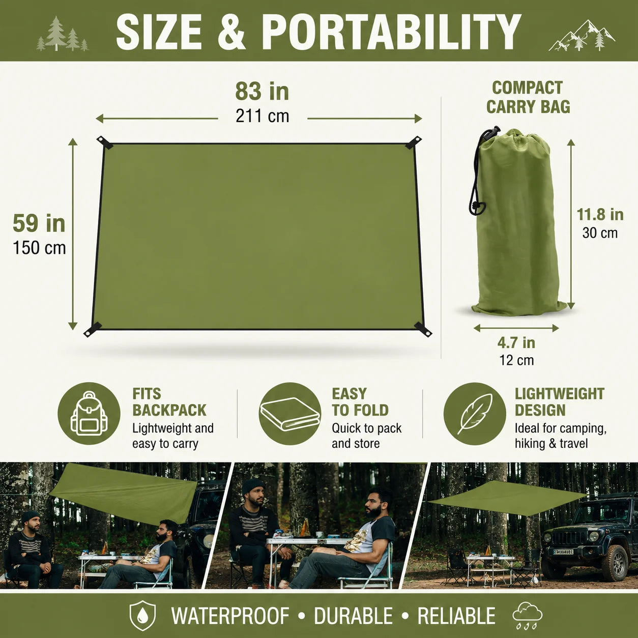 59x83" Outdoor Waterproof Tarp Camping Awning Backpacking Rain Shelter Tent Portable Sun Shade Canopy Ground Sheet for Hiking Picnic Beach Hammock Camp Gear Durable Lightweight Ripstop Cover with Grommets Ropes Storage Bag Ac