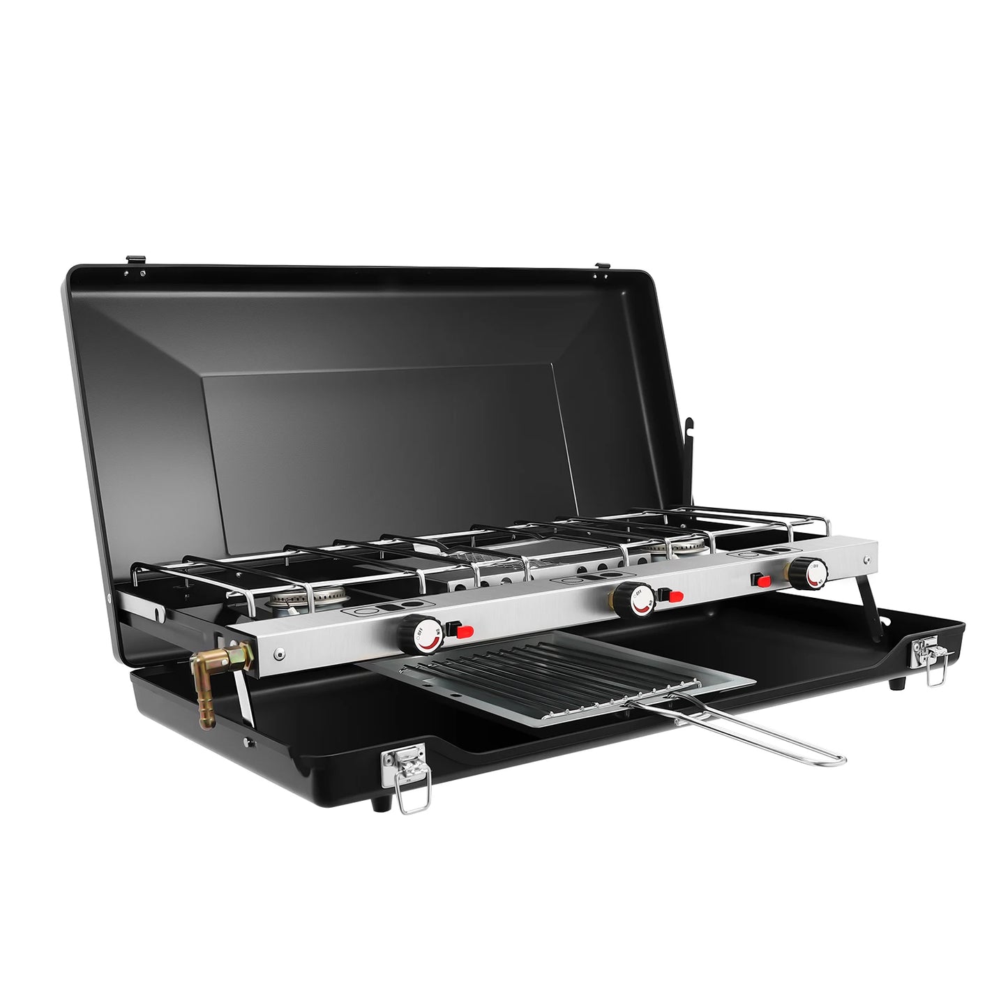Portable Gas Camping Stove 3 Burners 4.5KW Total Power Cold Rolled Sheet Rust Resistant Piezo Ignition Windproof Lid Foldable Lockable Anti-slip Feet No Assembly Lightweight Tabletop Gas Cooker For Outdoor Camping Picnic BBQ