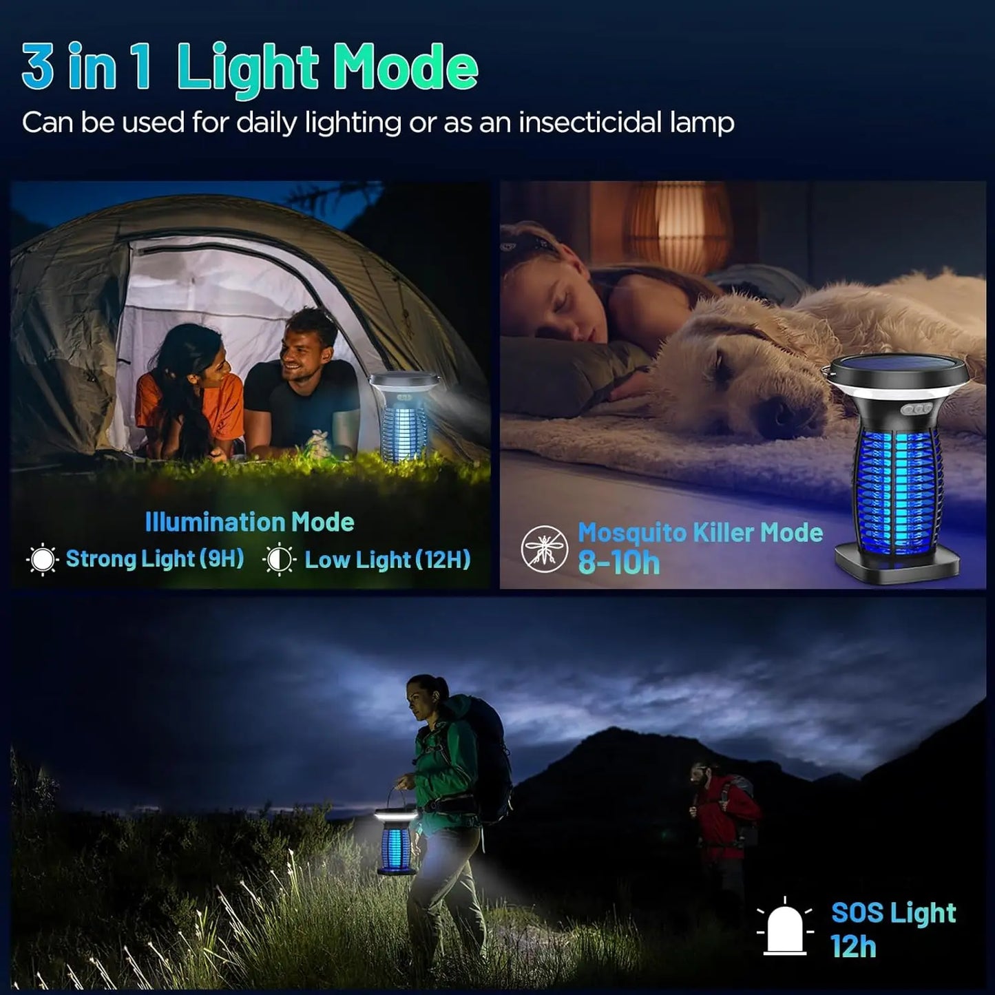 Solar Bug Zapper Outdoor Waterproof Mosquitoes Zapper Portable & Rechargeable Electric Fly Zapper with Panel Sensor & LED Night