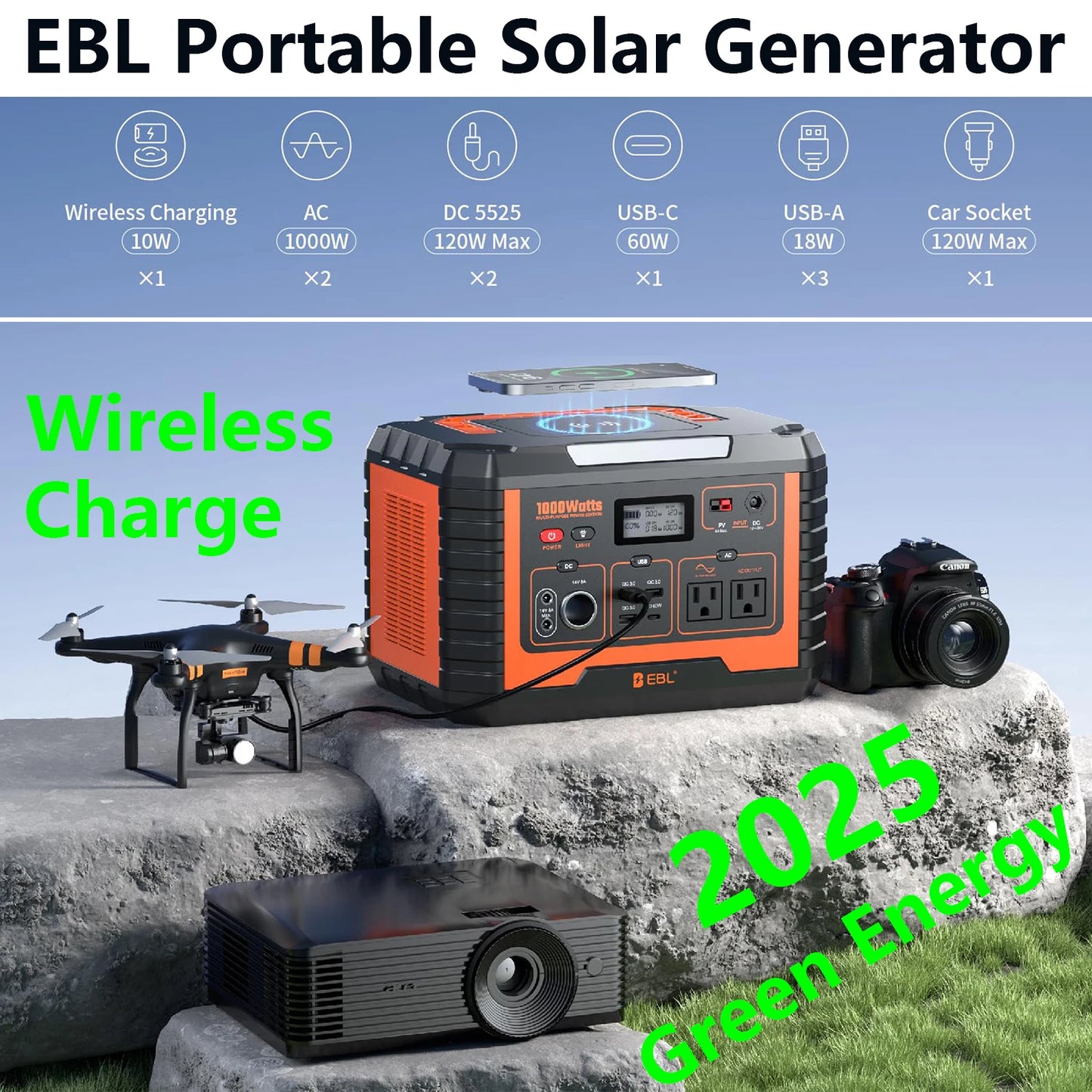 EBL Portable Solar Generator 1000W Power Station Wireless Charging 110V Pure Sine Wave AC Outlet with PD 60W Fast Charge Battery